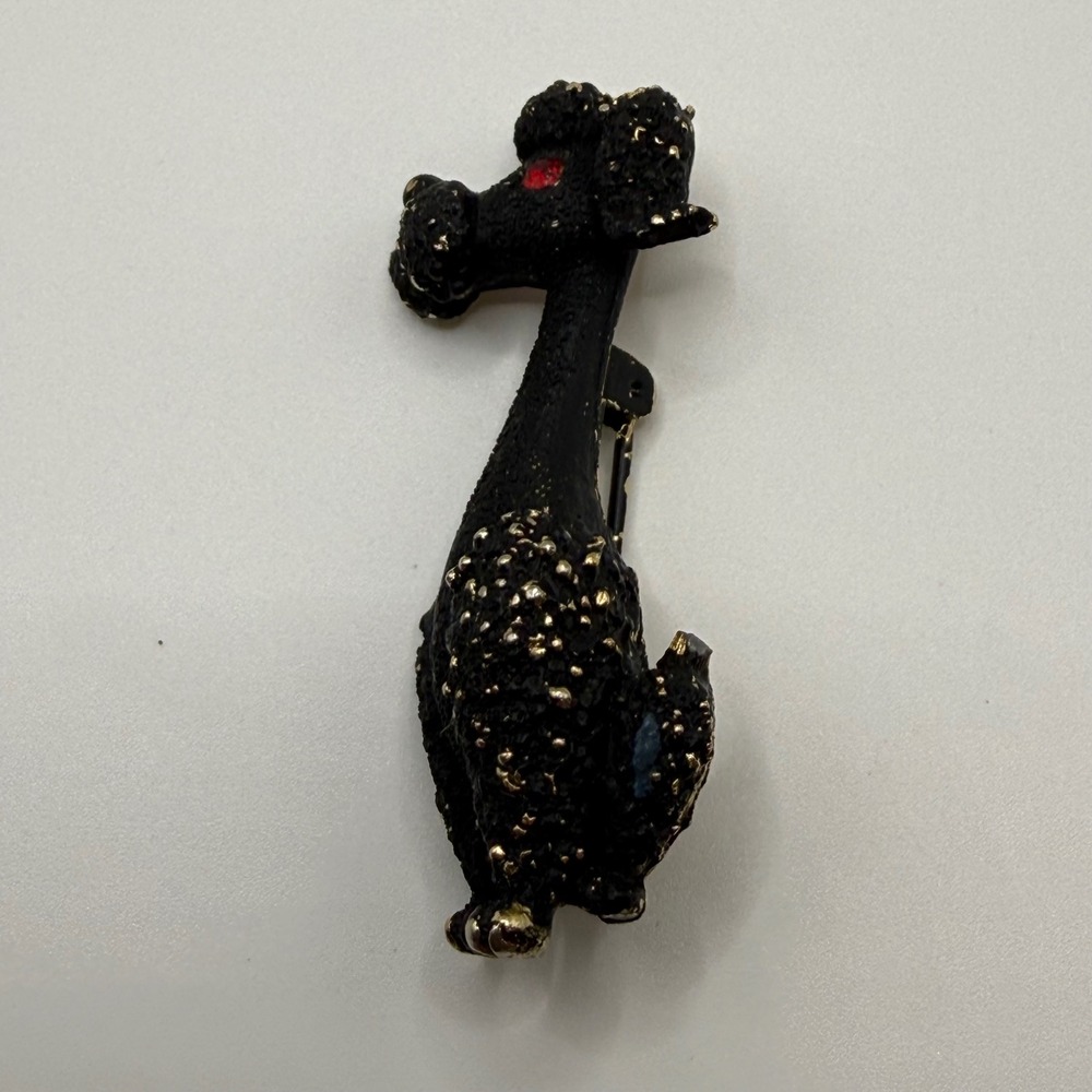 Mamselle Vintage Black Textured Poodle Brooch Gold Tone Red Rhinestone Eye Pin